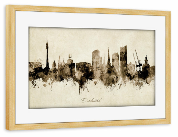Poster mit Rahmen kiefer "Dortmund Germany Skyline Sepia" artboxONE - Städte - Dortmund,Deutschland,Skyline,Cityscape,Stadtbild,Watercolor,Painting