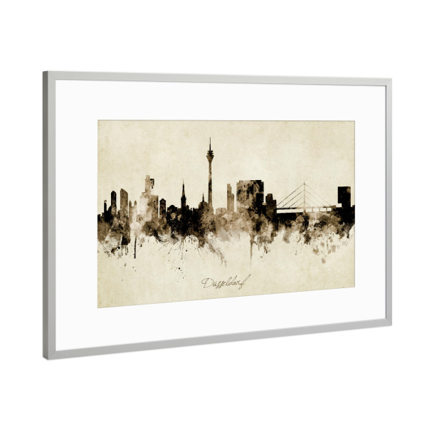 Poster mit Rahmen Silber "Düsseldorf Germany Skyline Sepia" artboxONE - Städte / Düsseldorf