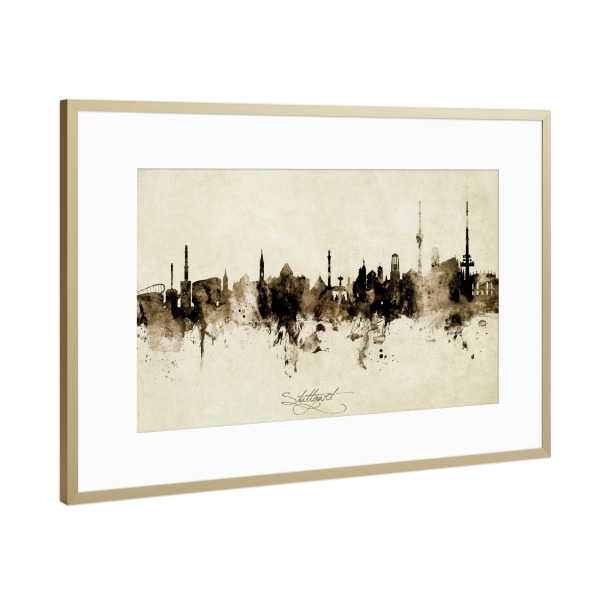 Poster mit Rahmen Gold "Stuttgart Germany Skyline Sepia" artboxONE - Städte / Stuttgart