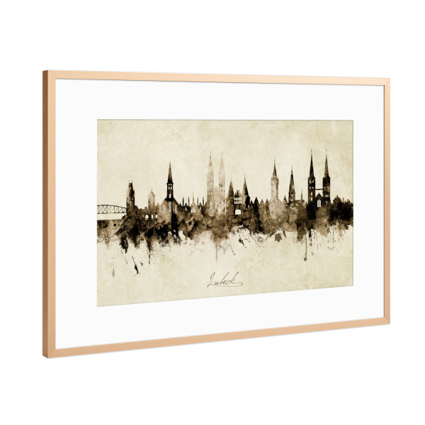 Poster mit Rahmen Kupfer "Lubeck Germany Skyline Sepia" artboxONE - Städte - Lubeck,Deutschland,Skyline,Cityscape,Stadtbild,Watercolor,Painting