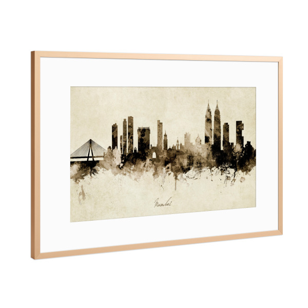 Poster mit Rahmen Kupfer "Mumbai Skyline India Bombay Sepia" artboxONE - Städte - Mumbai,India,Skyline,Cityscape,Stadtbild,Watercolor,Painting