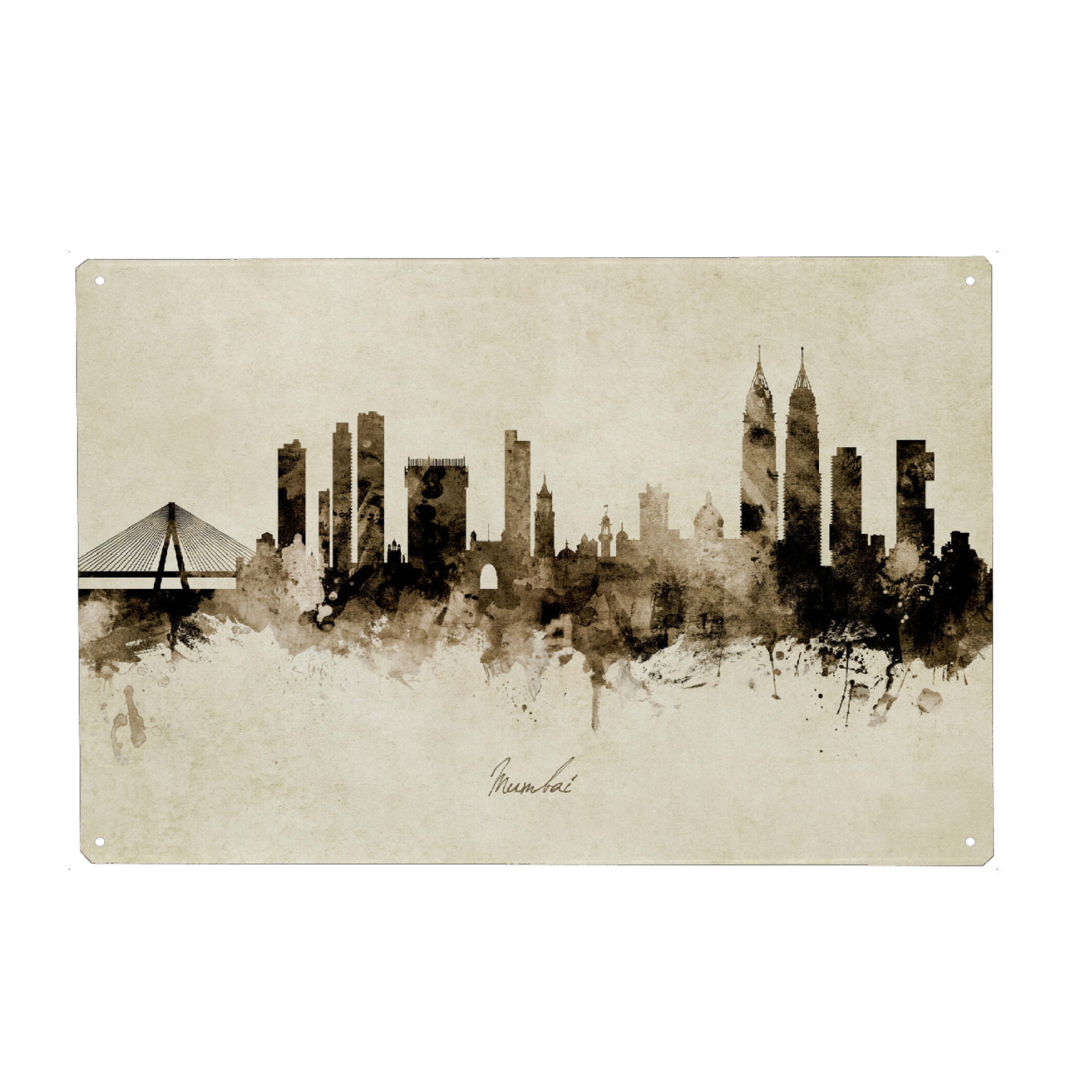 Metall Poster "Mumbai Skyline India Bombay Sepia" artboxONE - Städte - Mumbai,India,Skyline,Cityscape,Stadtbild,Watercolor,Painting - Blechschild