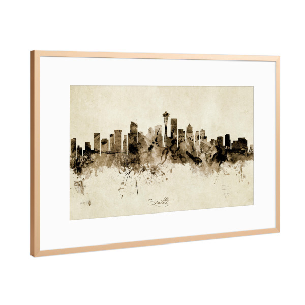Poster mit Rahmen Kupfer "Seattle Washington Skyline Sepia" artboxONE - Städte - Seattle,Washington,Skyline,Cityscape,Stadtbild,Watercolor,Painting