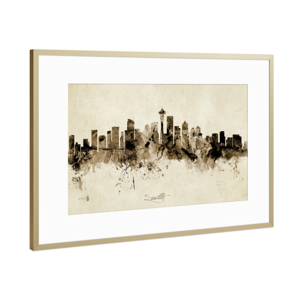 Poster mit Rahmen Gold "Seattle Washington Skyline Sepia" artboxONE - Städte - Seattle,Washington,Skyline,Cityscape,Stadtbild,Watercolor,Painting
