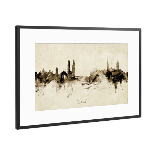 Poster mit Rahmen Schwarz (Metallic) "Zurich Switzerland Skyline Sepia" artboxONE - Städte / Zürich