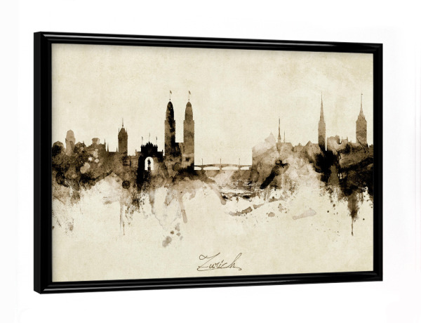 Poster mit schwarzem Rahmen "Zurich Switzerland Skyline Sepia" artboxONE - Städte / Zürich
