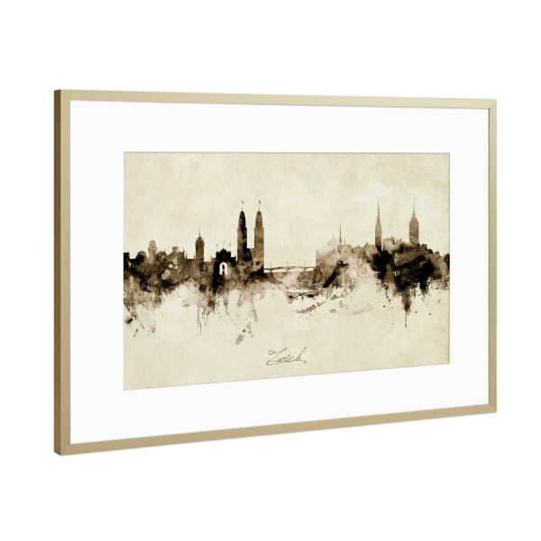 Poster mit Rahmen Gold "Zurich Switzerland Skyline Sepia" artboxONE - Städte / Zürich