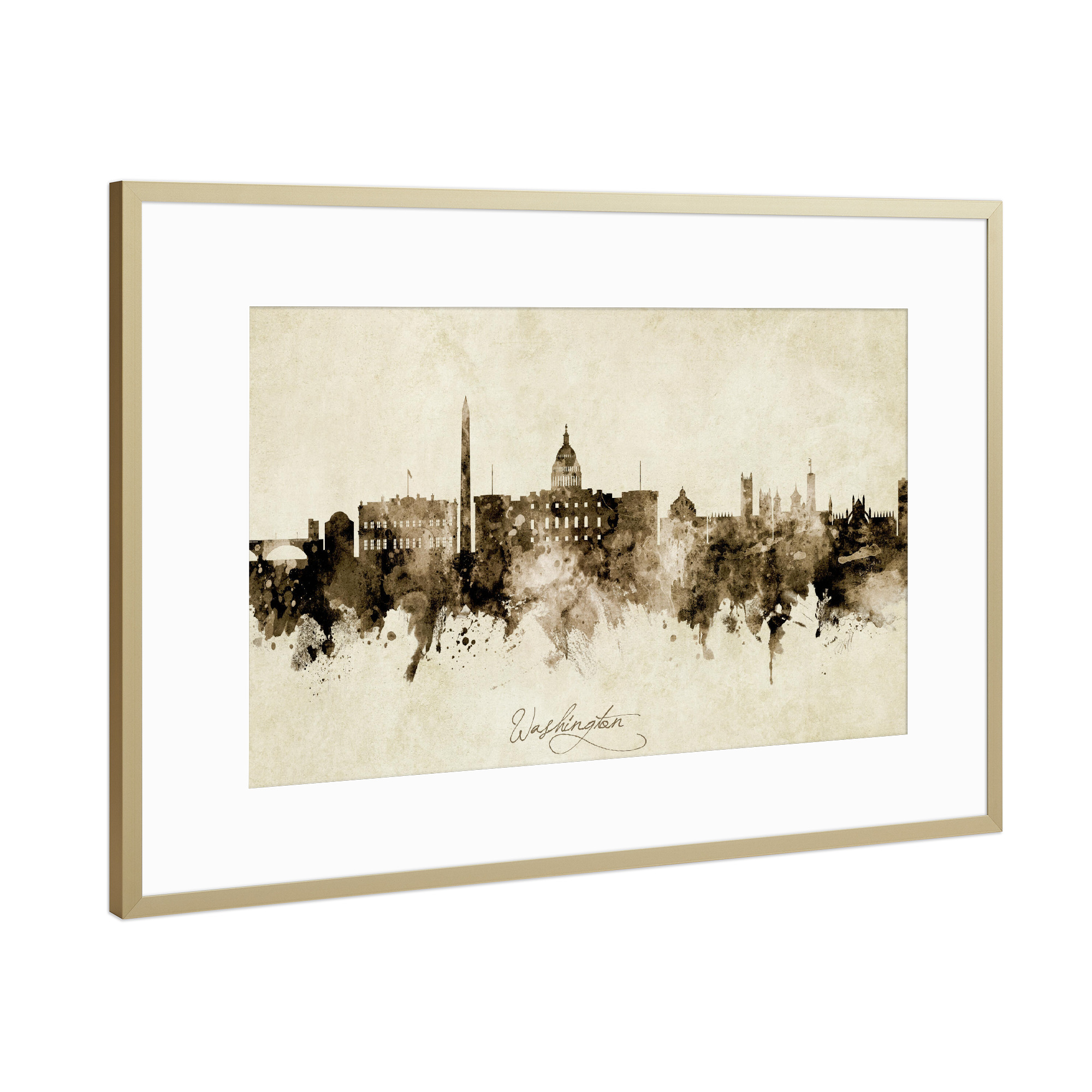 Poster mit Rahmen Gold "Washington DC Skyline Sepia" artboxONE - Städte / Washington - Washington,Dc,Skyline,Cityscape,Stadtbild,Watercolor,Painting