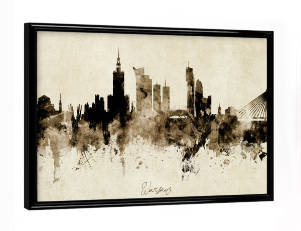 Poster mit schwarzem Rahmen "Warsaw Poland Skyline Sepia" artboxONE - Städte - Warsaw,Poland,Skyline,Cityscape,Stadtbild,Watercolor,Painting