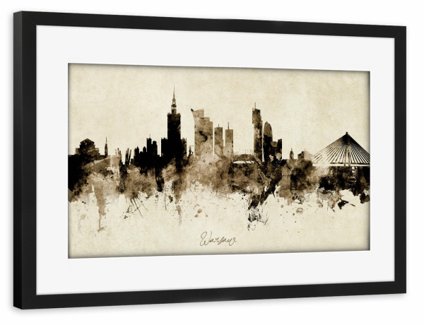 Poster mit Rahmen schwarz "Warsaw Poland Skyline Sepia" artboxONE - Städte - Warsaw,Poland,Skyline,Cityscape,Stadtbild,Watercolor,Painting