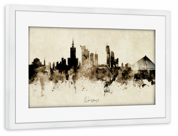 Poster mit Rahmen weiß "Warsaw Poland Skyline Sepia" artboxONE - Städte - Warsaw,Poland,Skyline,Cityscape,Stadtbild,Watercolor,Painting