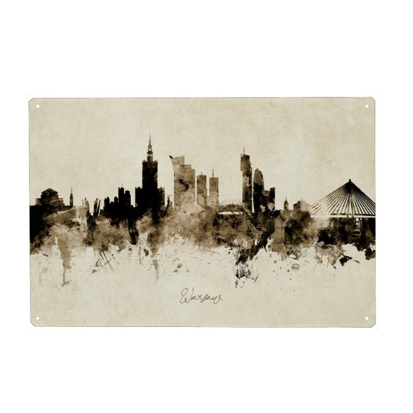 Metall Poster "Warsaw Poland Skyline Sepia" artboxONE - Städte - Warsaw,Poland,Skyline,Cityscape,Stadtbild,Watercolor,Painting - Blechschild