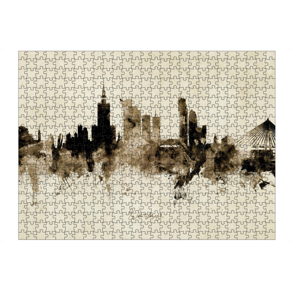 Puzzle Ravensburger "Warsaw Poland Skyline Sepia" artboxONE - Städte - Warsaw,Poland,Skyline,Cityscape,Stadtbild,Watercolor,Painting - Bild warsaw