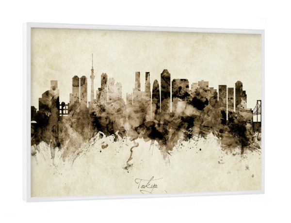 Poster mit weißem Rahmen "Tokyo Japan Skyline Sepia" artboxONE - Städte / Tokio - Tokyo,Japan,Skyline,Cityscape,Stadtbild,Watercolor,Painting