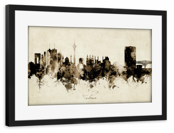 Poster mit Rahmen schwarz "Tehran Iran Skyline Sepia" artboxONE - Städte - Tehran,Iran,Skyline,Cityscape,Stadtbild,Watercolor,Painting