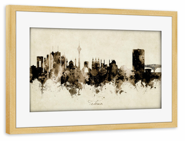 Poster mit Rahmen kiefer "Tehran Iran Skyline Sepia" artboxONE - Städte - Tehran,Iran,Skyline,Cityscape,Stadtbild,Watercolor,Painting
