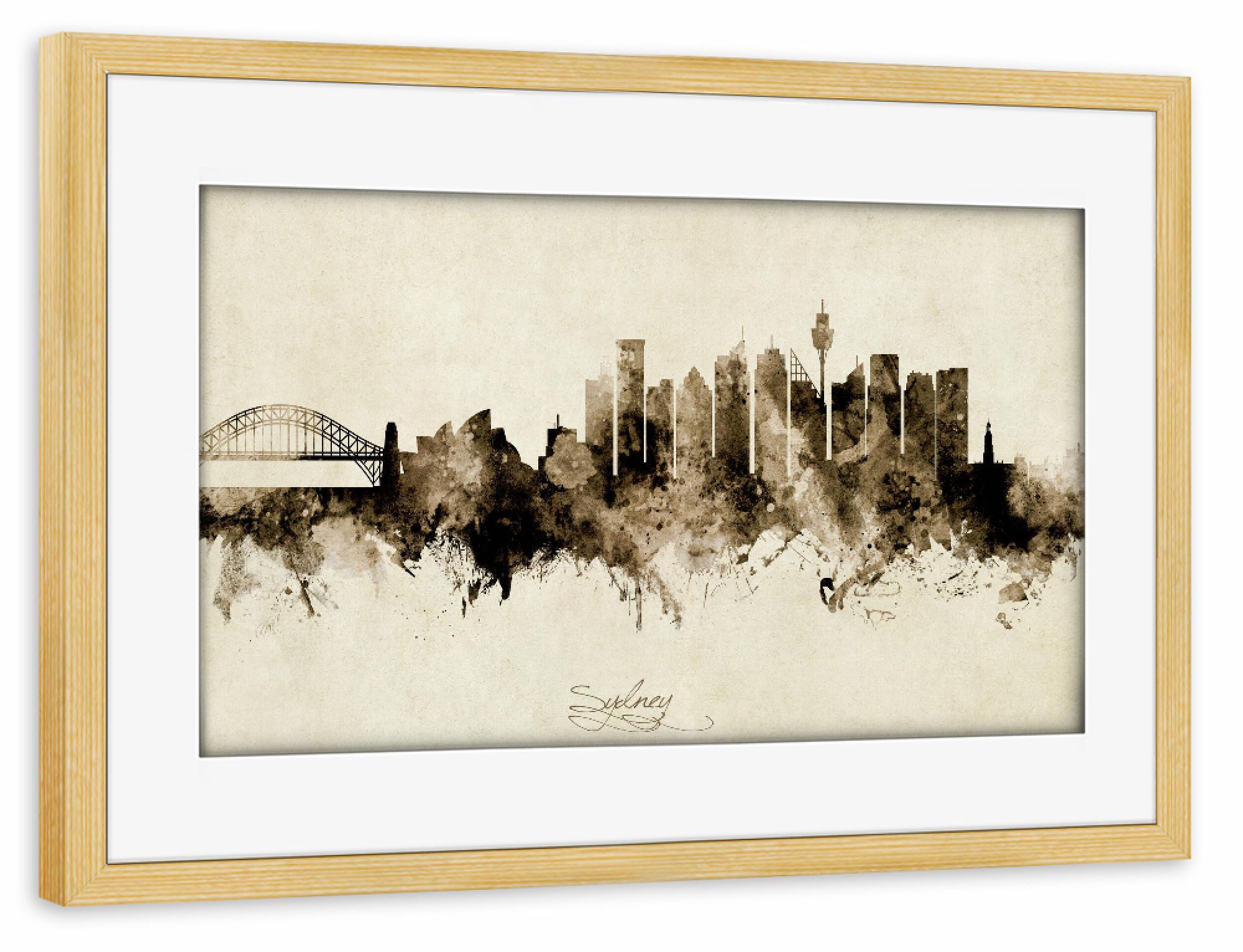 Poster mit Rahmen kiefer "Sydney Australia Skyline Sepia" artboxONE - Städte / Sydney