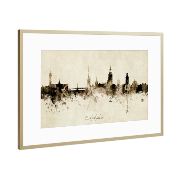 Poster mit Rahmen Gold "Stockholm Sweden Skyline Sepia" artboxONE - Städte / Stockholm