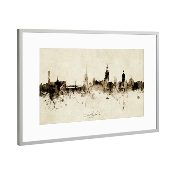 Poster mit Rahmen Silber "Stockholm Sweden Skyline Sepia" artboxONE - Städte / Stockholm