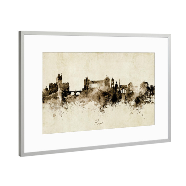 Poster mit Rahmen Silber "Rome Italy Skyline Sepia" artboxONE - Städte / Rom - Rome,Italy,Skyline,Cityscape,Stadtbild,Watercolor,Painting