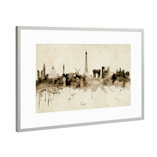 Poster mit Rahmen Silber "Paris France Skyline Sepia" artboxONE - Städte / Paris - Paris,France,Skyline,Cityscape,Stadtbild,Watercolor,Painting