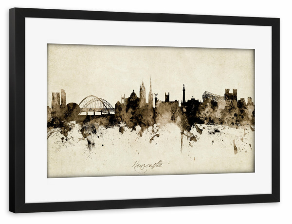 Poster mit Rahmen schwarz "Newcastle England Skyline Sepia" artboxONE - Städte - Newcastle,England,Skyline,Cityscape,Stadtbild,Watercolor,Painting