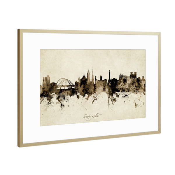 Poster mit Rahmen Gold "Newcastle England Skyline Sepia" artboxONE - Städte - Newcastle,England,Skyline,Cityscape,Stadtbild,Watercolor,Painting