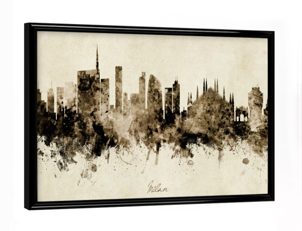 Poster mit schwarzem Rahmen "Milan Italy Skyline Sepia" artboxONE - Städte - Milan,Italy,Skyline,Cityscape,Stadtbild,Watercolor,Painting