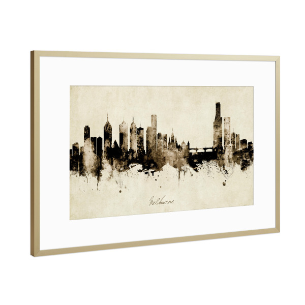 Poster mit Rahmen Gold "Melbourne Australia Skyline Sepia" artboxONE - Städte - Melbourne,Australia,Skyline,Cityscape,Stadtbild,Watercolor,Painting