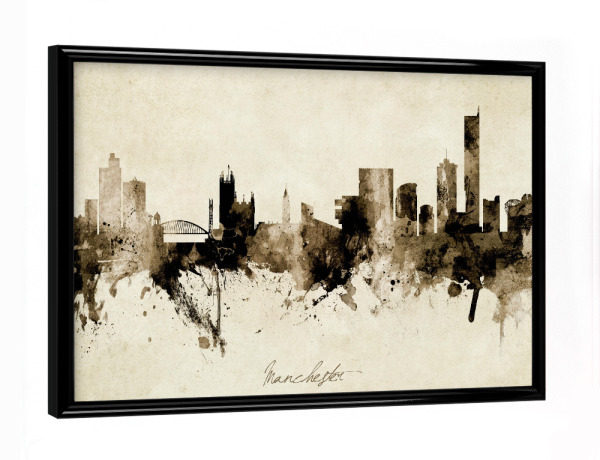 Poster mit schwarzem Rahmen "Manchester England Skyline Sepia" artboxONE - Städte