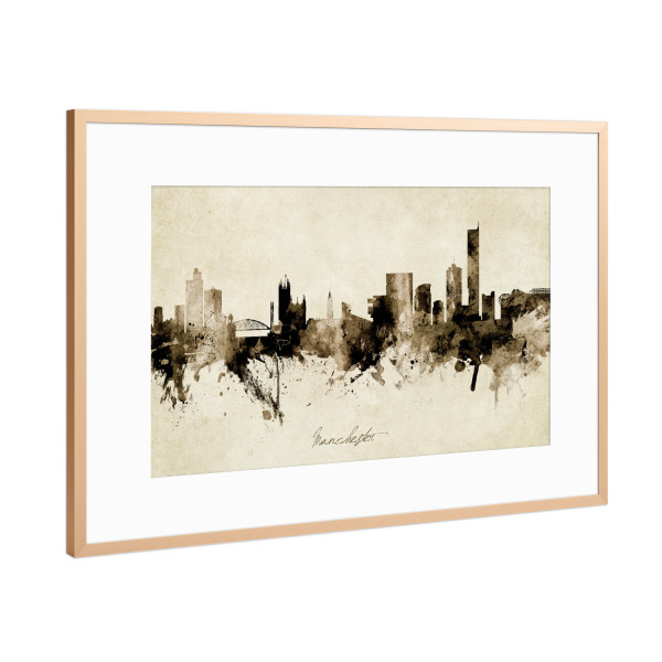 Poster mit Rahmen Kupfer "Manchester England Skyline Sepia" artboxONE - Städte - Manchester,England,Skyline,Cityscape,Stadtbild,Watercolor,Painting