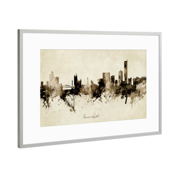 Poster mit Rahmen Silber "Manchester England Skyline Sepia" artboxONE - Städte - Manchester,England,Skyline,Cityscape,Stadtbild,Watercolor,Painting
