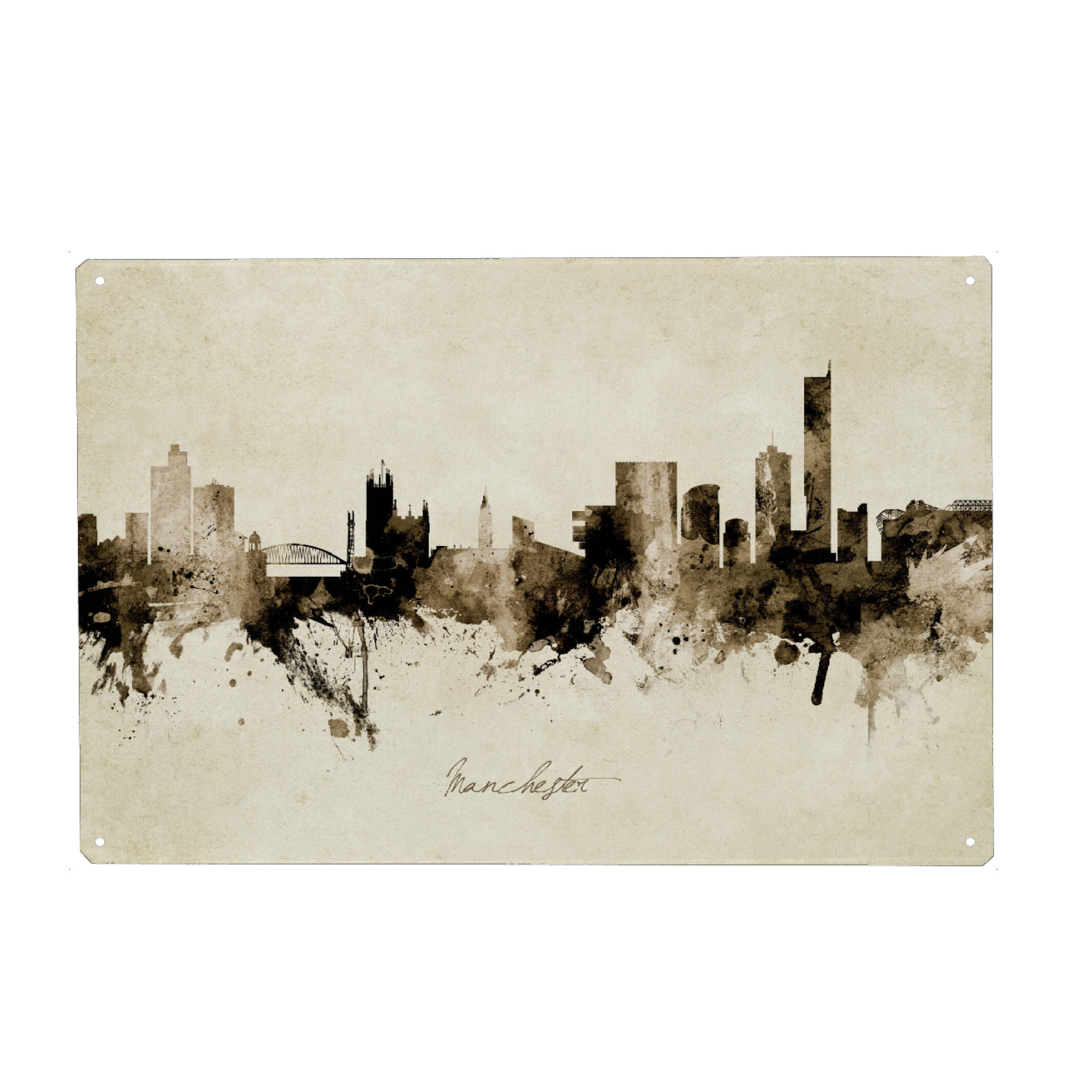 Metall Poster "Manchester England Skyline Sepia" artboxONE - Städte - Manchester,England,Skyline,Cityscape,Stadtbild,Watercolor,Painting