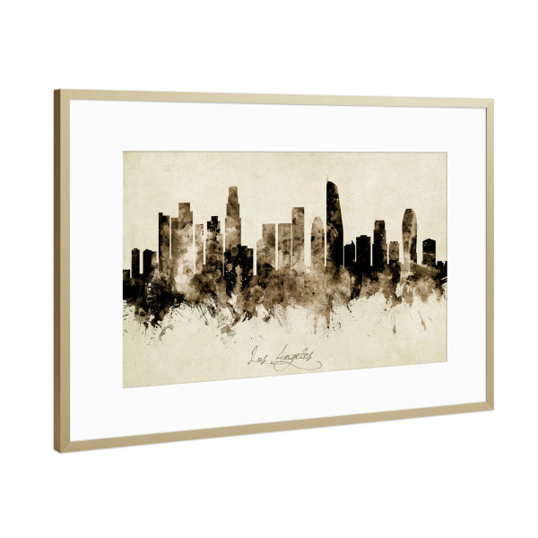 Poster mit Rahmen Gold "Los Angeles CA Skyline Sepia" artboxONE - Städte / Los Angeles