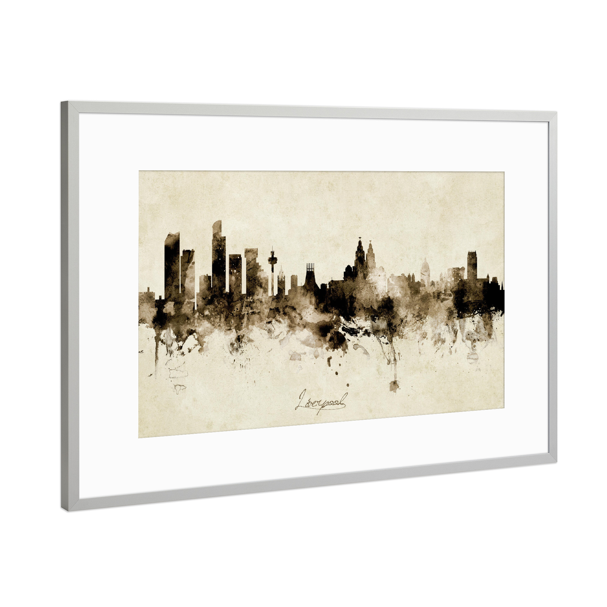Poster mit Rahmen Silber "Liverpool England Skyline Sepia" artboxONE - Städte - Liverpool,England,Skyline,Cityscape,Stadtbild,Watercolor,Painting