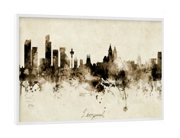 Poster mit weißem Rahmen "Liverpool England Skyline Sepia" artboxONE - Städte - Liverpool,England,Skyline,Cityscape,Stadtbild,Watercolor,Painting