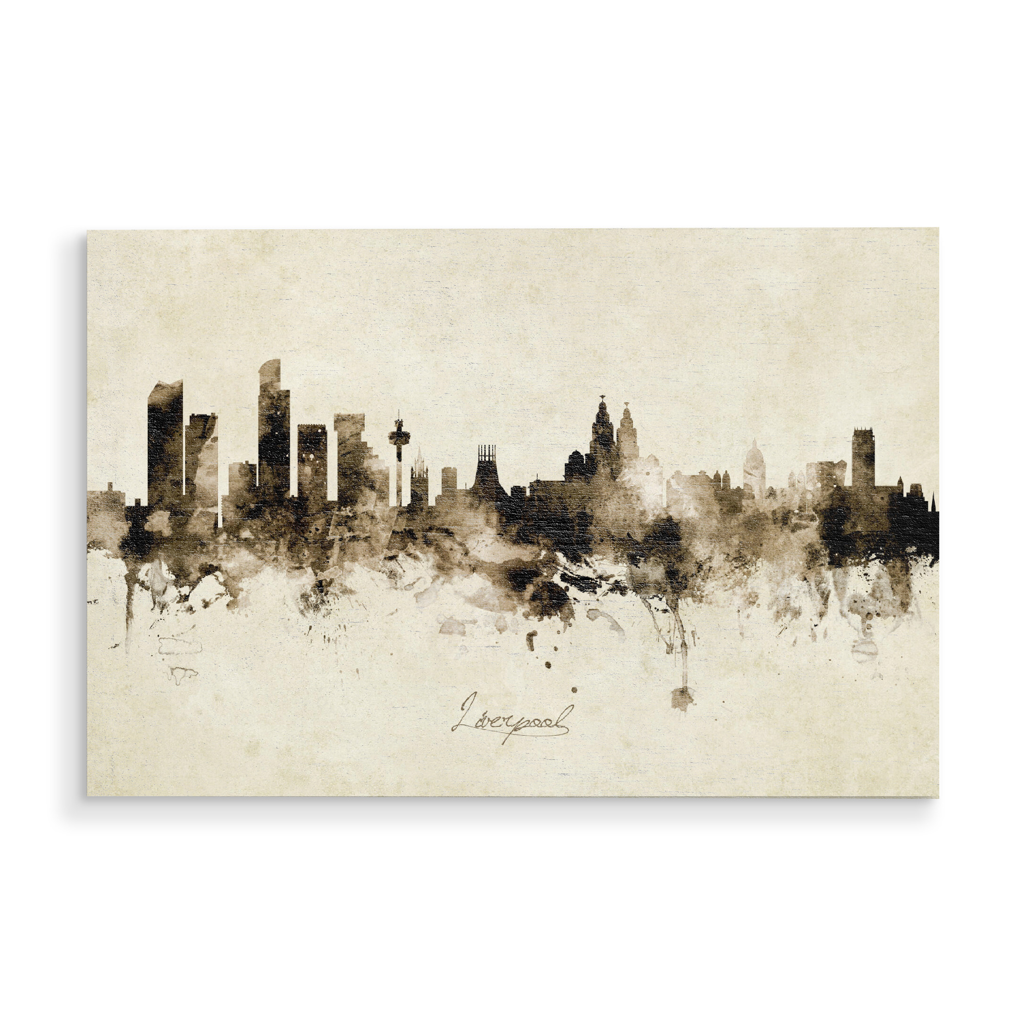 Holzbild "Liverpool England Skyline Sepia" artboxONE - Städte - Liverpool,England,Skyline,Cityscape,Stadtbild,Watercolor,Painting