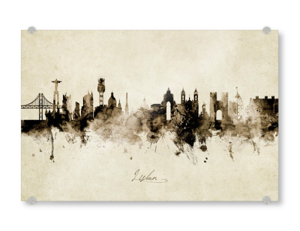 Acrylglasbild "Lisbon Portugal Skyline Sepia" artboxONE - Städte - Lisbon,Portugal,Skyline,Cityscape,Stadtbild,Watercolor,Painting