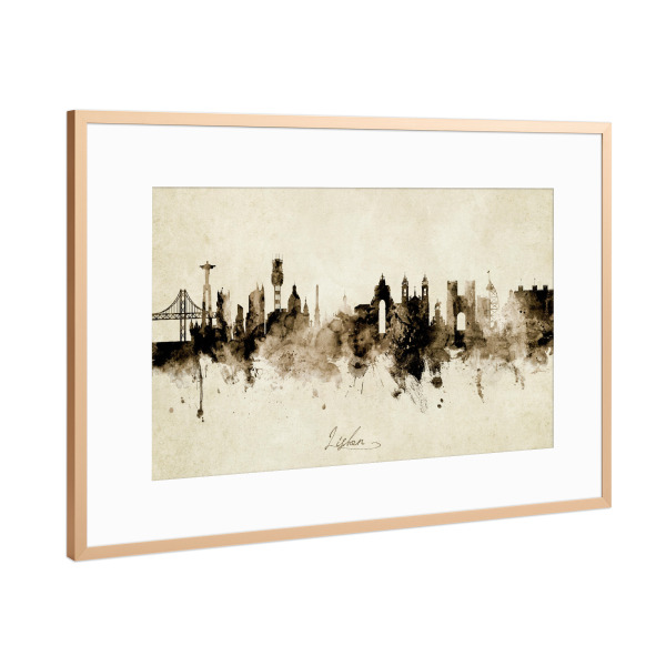 Poster mit Rahmen Kupfer "Lisbon Portugal Skyline Sepia" artboxONE - Städte - Lisbon,Portugal,Skyline,Cityscape,Stadtbild,Watercolor,Painting