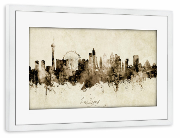 Poster mit Rahmen weiß "Las Vegas Nevada Skyline Sepia" artboxONE - Städte / Las Vegas