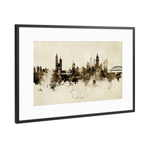 Poster mit Rahmen Schwarz (Metallic) "Krakow Poland Skyline Sepia" artboxONE - Städte - Krakow,Poland,Skyline,Cityscape,Stadtbild,Watercolor,Painting