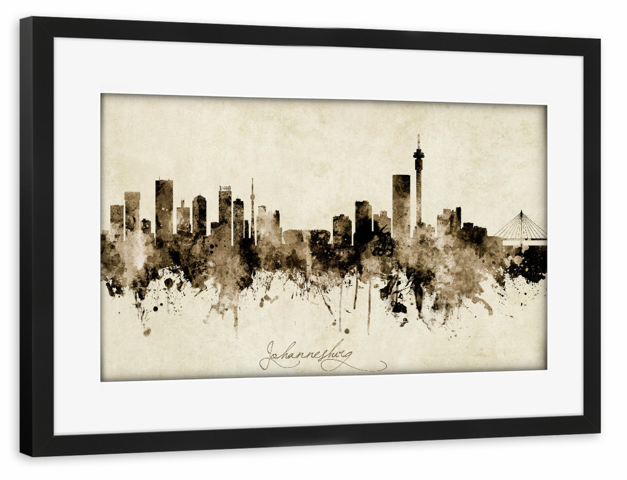 Poster mit Rahmen schwarz "Johannesburg Skyline Sepia" artboxONE - Städte - Johannesburg,South africa,Skyline,Cityscape,Stadtbild,Watercolor,Painting