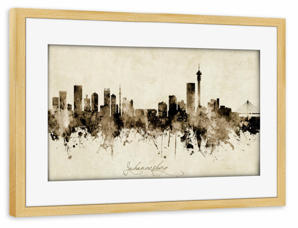 Poster mit Rahmen kiefer "Johannesburg Skyline Sepia" artboxONE - Städte - Johannesburg,South africa,Skyline,Cityscape,Stadtbild,Watercolor,Painting
