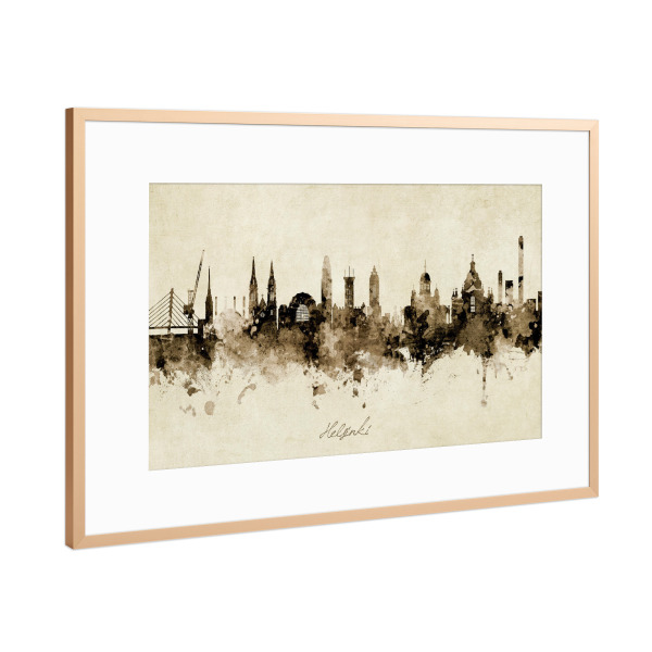 Poster mit Rahmen Kupfer "Helsinki Finland Skyline Sepia" artboxONE - Städte - Helsinki,Finland,Skyline,Cityscape,Stadtbild,Watercolor,Painting
