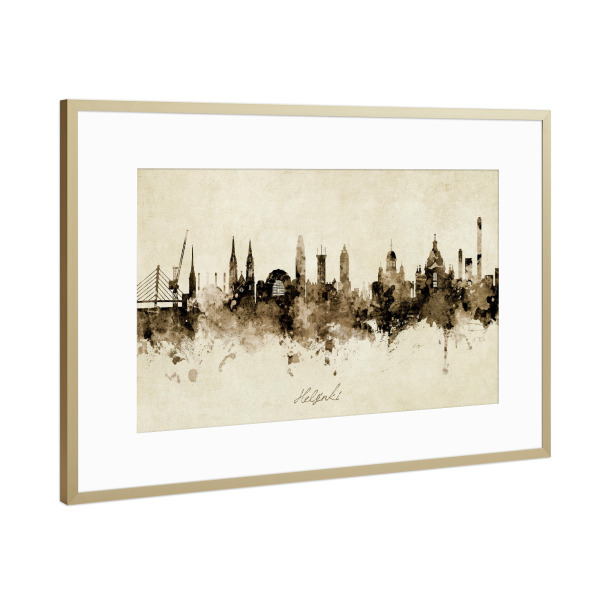 Poster mit Rahmen Gold "Helsinki Finland Skyline Sepia" artboxONE - Städte - Helsinki,Finland,Skyline,Cityscape,Stadtbild,Watercolor,Painting