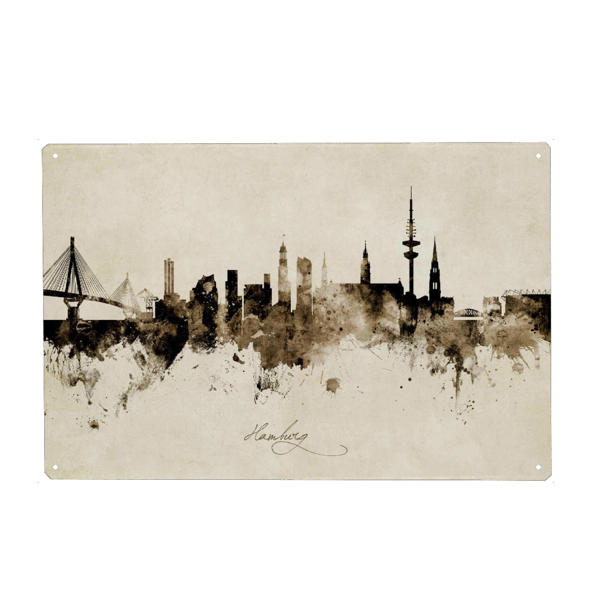Metall Poster "Hamburg Germany Skyline Sepia" artboxONE - Städte - Hamburg,Germany,Skyline,Cityscape,Stadtbild,Watercolor,Painting - Blechschild