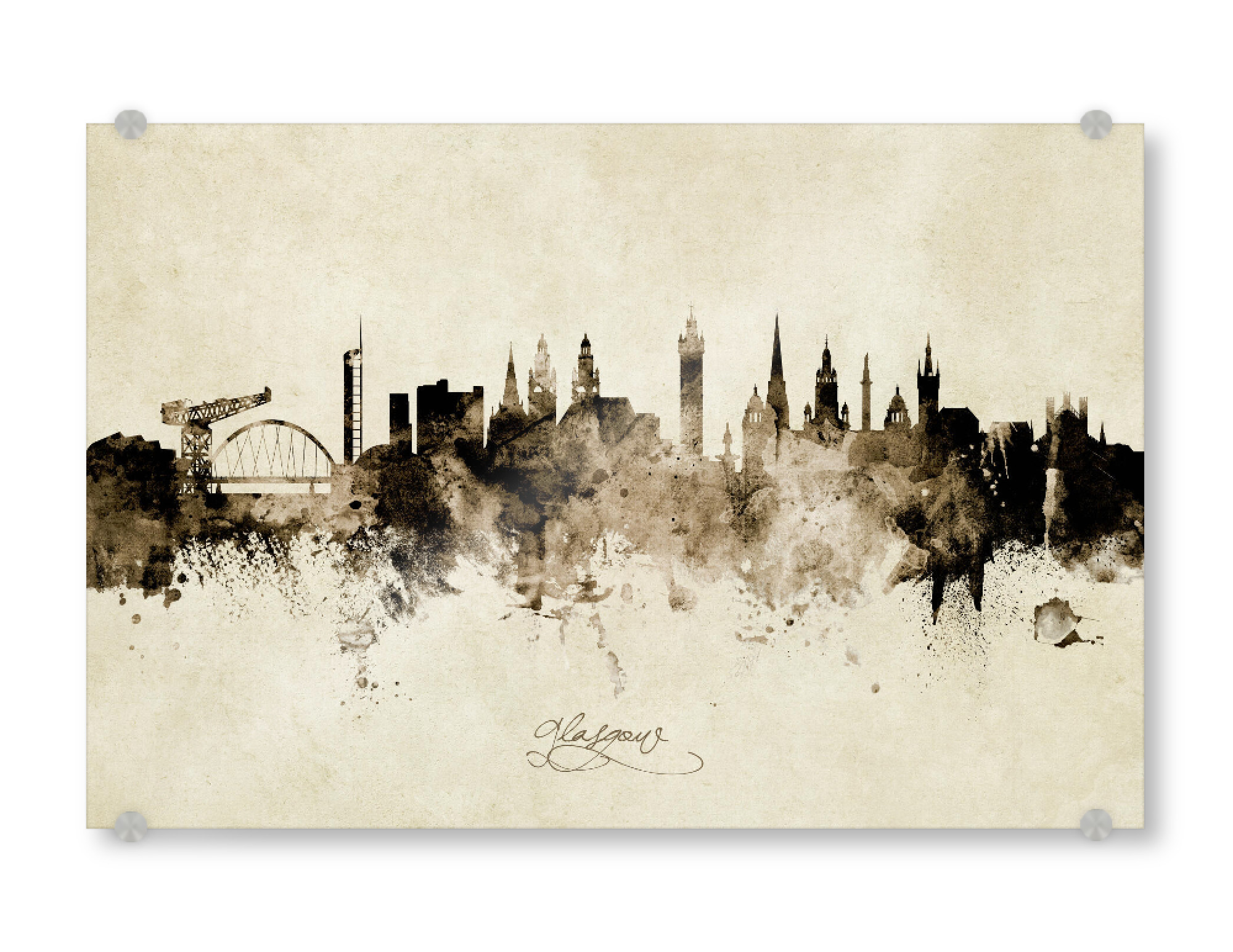 Acrylglasbild "Glasgow Scotland Skyline Sepia" artboxONE - Städte - Glasgow,Scotland,Skyline,Cityscape,Stadtbild,Watercolor,Painting
