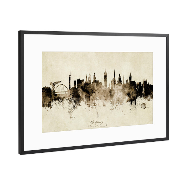 Poster mit Rahmen Schwarz (Metallic) "Glasgow Scotland Skyline Sepia" artboxONE - Städte