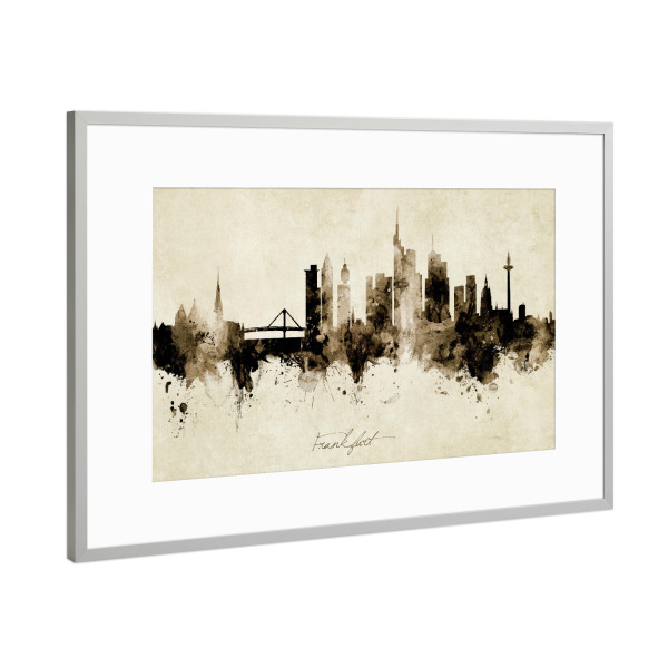 Poster mit Rahmen Silber "Frankfurt Germany Skyline Sepia" artboxONE - Städte / Frankfurt