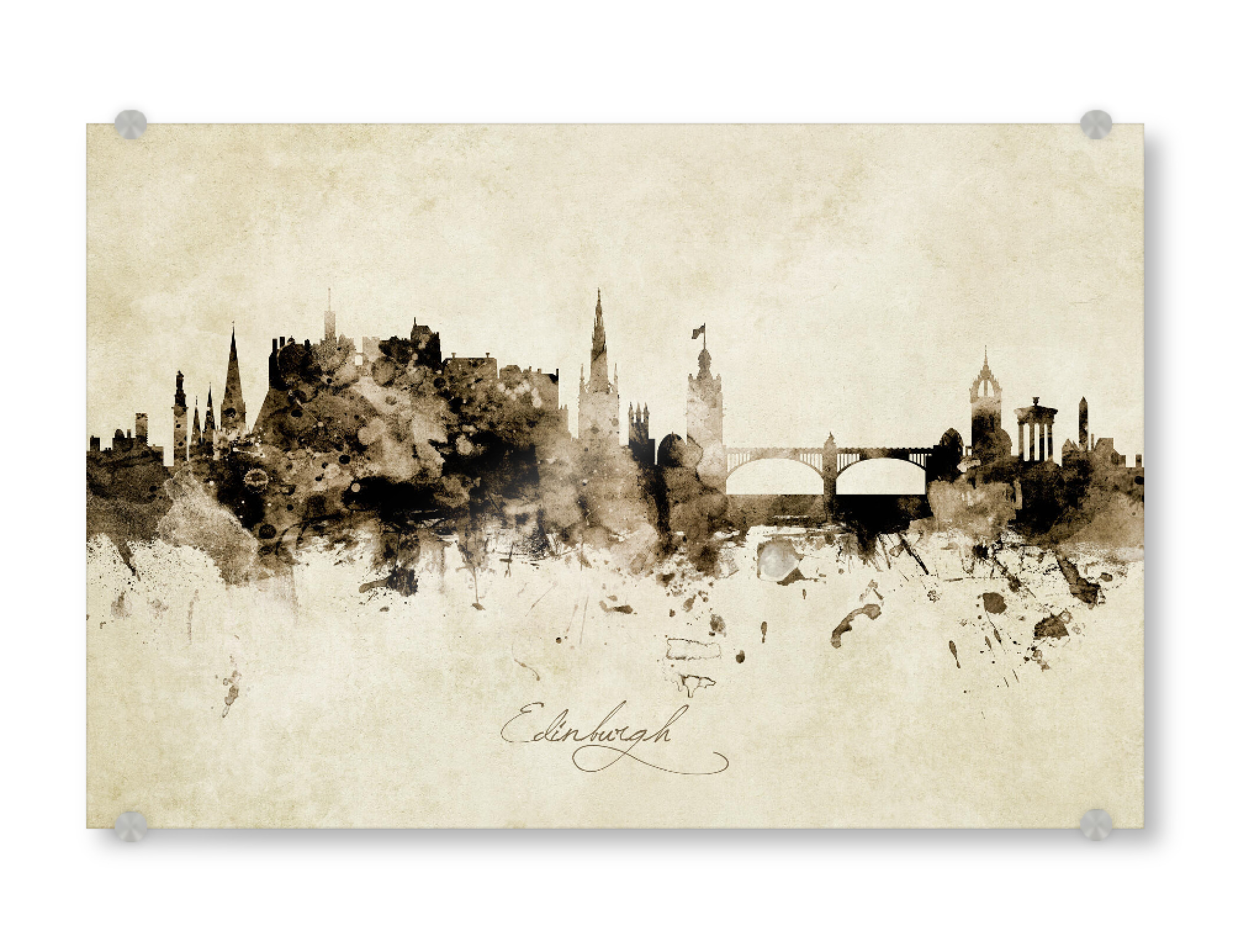 Acrylglasbild "Edinburgh Scotland Skyline Sepia" artboxONE - Städte - Edinburgh,Scotland,Skyline,Cityscape,Stadtbild,Watercolor,Painting